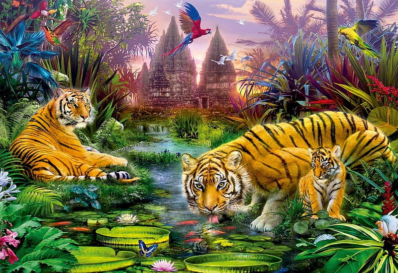 Sanctuary, Art, Luminos, Orange, Tiger, Parrot, Animal, Fantasy, Green