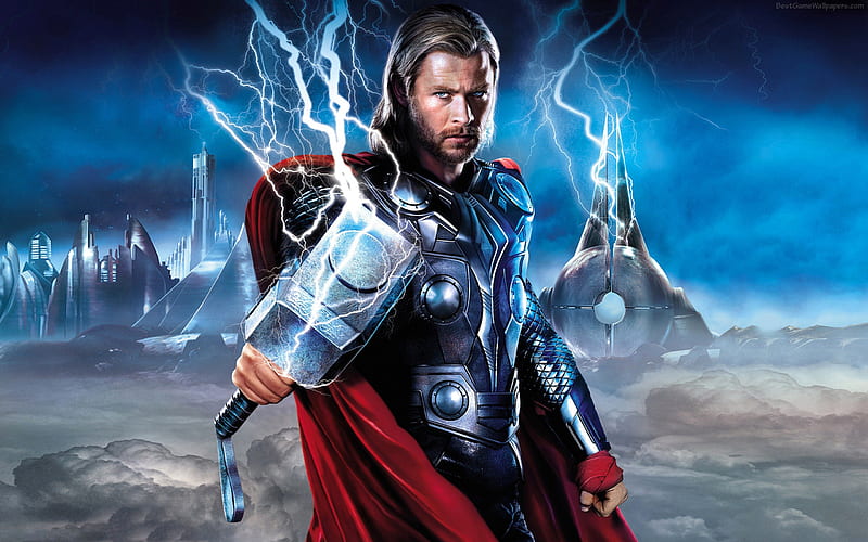 World of Thor, Chris Hemsworth, Asgard, abstract, sky, clouds, fantasy, lightning, SkyPhoenixX1, Thor, HD wallpaper