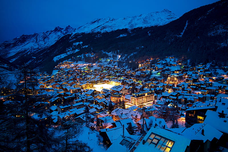 Winter, Night, Snow, Light, Alps, Switzerland, Cityscape, Valley, Town, Zermatt, Man Made, Towns, HD wallpaper