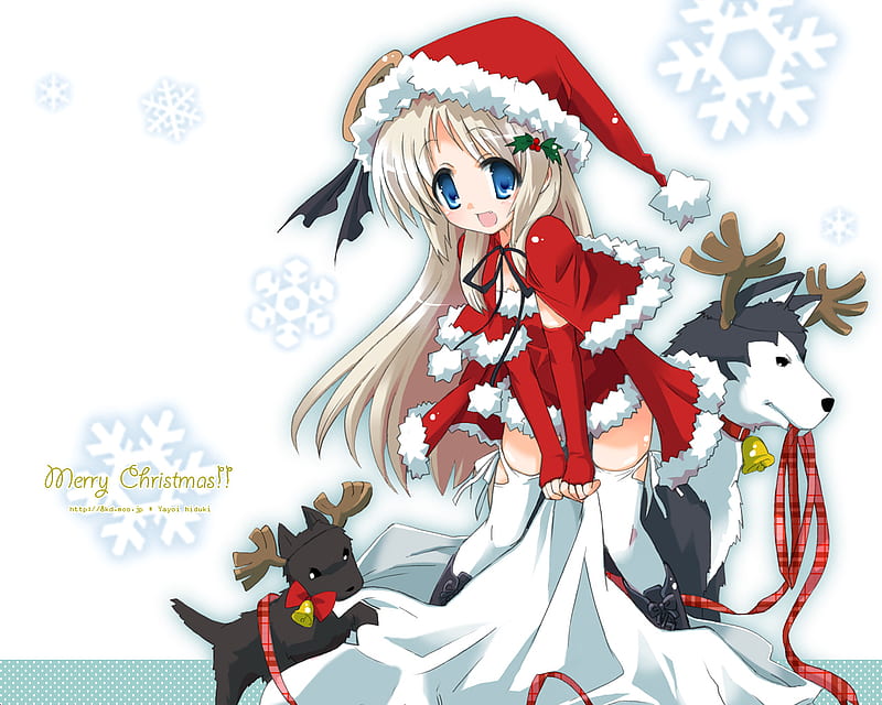 Noumi Kudryavka, little busters, smile, santa outfit, noumi, snowflakes, blushing, anime girl, santa hat, dog, HD wallpaper
