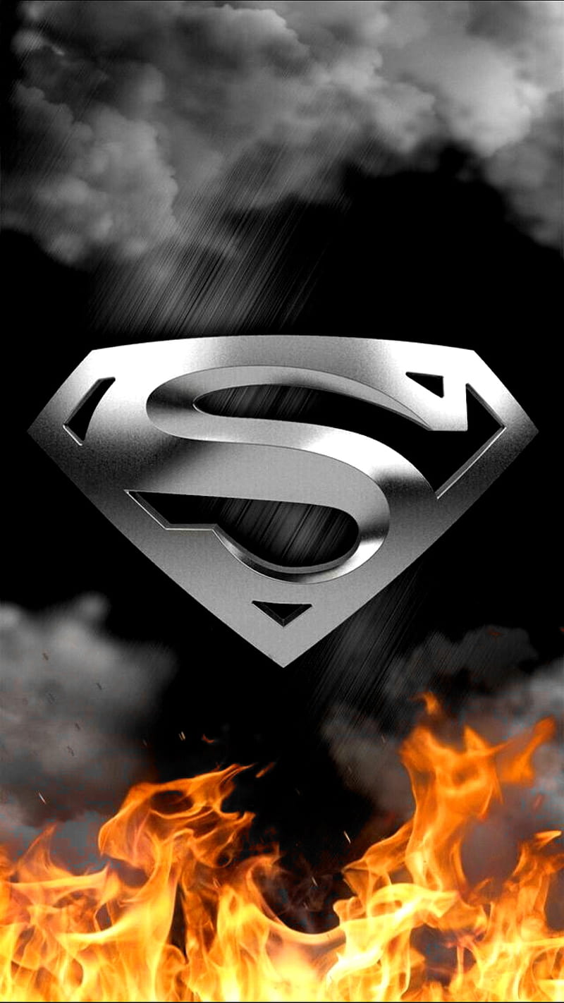 Man of steel, burn, clouds, fire, logo, mam, metal, silver, super, superma, HD phone wallpaper