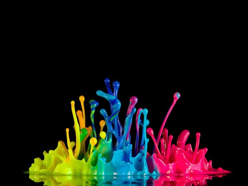 Rainbow splash, red, paint, black, yellow, rainbow, splash, green, pink, blue, HD wallpaper