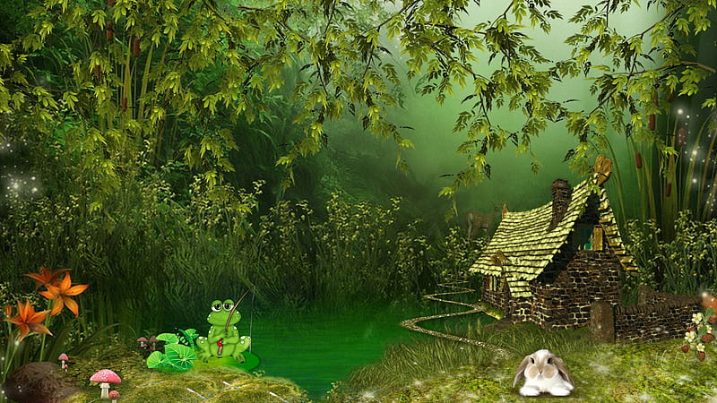 Fairy Tale Cottage, rabbit, cottage, spring, fairytale, trees, frog, pond, fantasy, green, summer, flowers, bunnh, fishing, HD wallpaper