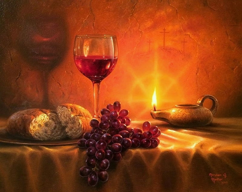 Red Wine, lovely still life, draw and paint, wine, bread, glasses, love four seasons, autumn beauty, attractions in dreams, grapes, fire, still life, paintings, HD wallpaper