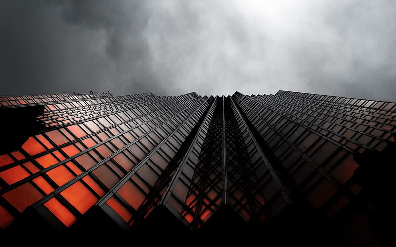 skyscraper bottom view, glass facade bottom view, modern buildings, cloudy weather, gray clouds, HD wallpaper