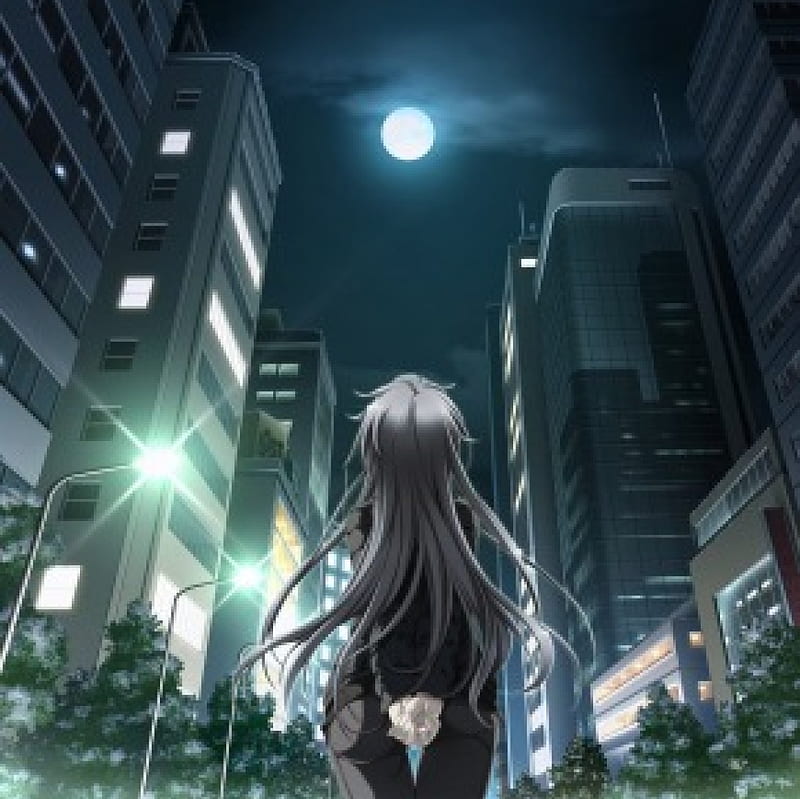 Midnight Sky, pretty, house, glow, scenic, home, bonito, sweet, stand, nice, city, moon, anime, beauty, anime girl, scenery, light, night, look, female, lovely, glowing, town, sky, building, girl, looking, scene, HD wallpaper
