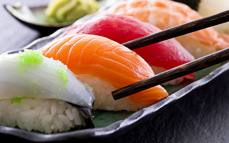 Nagiri macro, asian food, sushi, fastfood, sushi on sticks, HD wallpaper