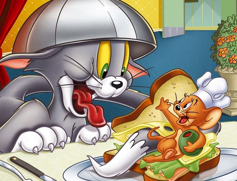 Tom and Jerry, animation, pisici, fantasy, mouse, movie, cat, food, childhood, HD wallpaper