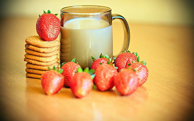 Cookies Milk And Berries, Strawberries, Milk, Cookies, Berries, HD wallpaper