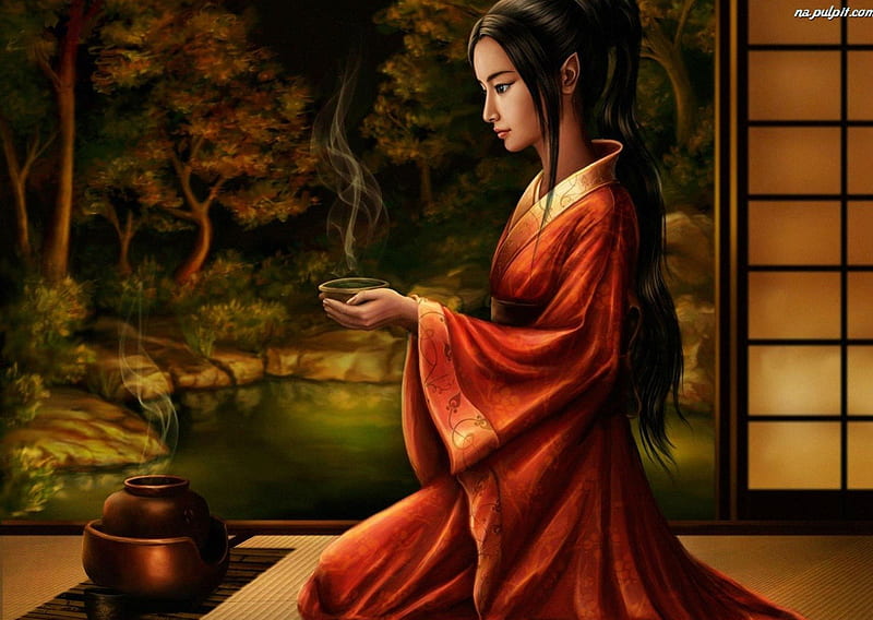 Cup Of Tea, fantasy, asian, trees, woman, tea, lake, HD wallpaper