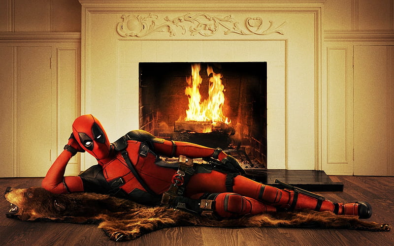 deadpool, fireplace, superhero, bear skin rug, HD wallpaper