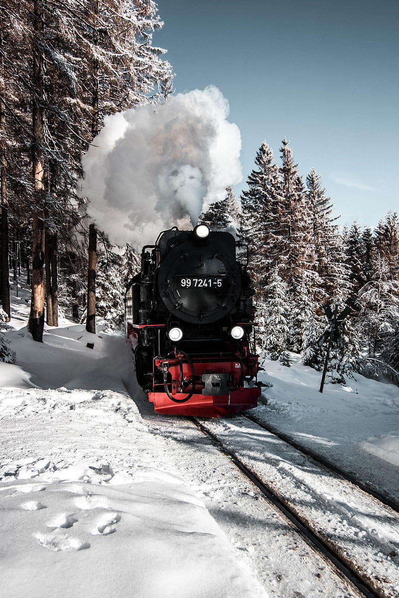 locomotive, train, smoke, snow, winter, HD phone wallpaper