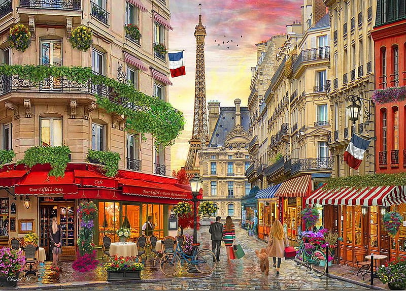 Paris Rendezvous, eiffel tower, houses, street, restaurant, digital,  artwork, HD wallpaper | Peakpx