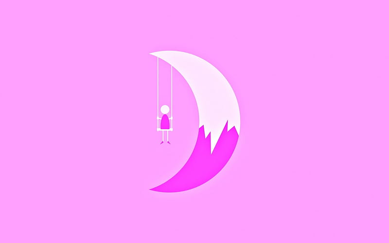 Moon, fantasy, moon, girl, swing, white, pink, vector, HD wallpaper