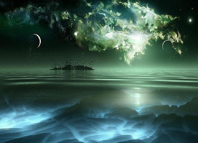 Worlds Beyond, oceans, moons, seas, eerie, island, clouds, blue, HD wallpaper
