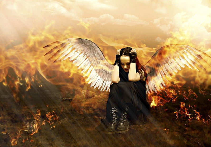 Fallen Angel burning, fire, burn, fantasy, angel, HD wallpaper