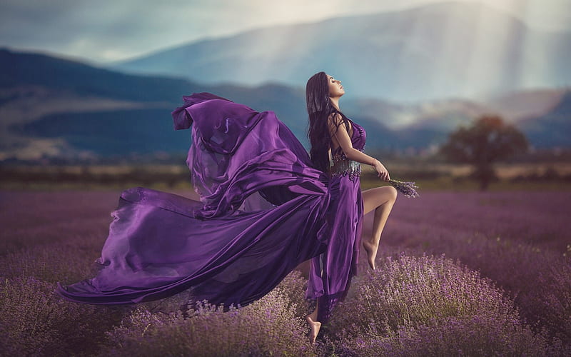 Lady Lavender, model, gown, Field, outdoors, lavendar, brunette, purple, Woman, lady, fashion, HD wallpaper