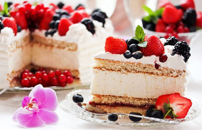 *A Piece of Cake*, cake, delicious, berries, orchid, raspberry, blackberries, HD wallpaper