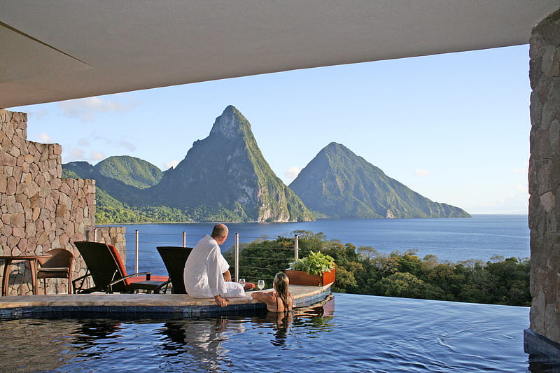 Romantic Views, infinity pool, mountains, ocean, chairs, villa, deck, st lucia, couple, HD wallpaper