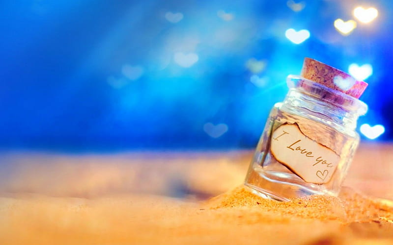 I Love You, bokeh, bottle, heart, words, note, sands, HD wallpaper