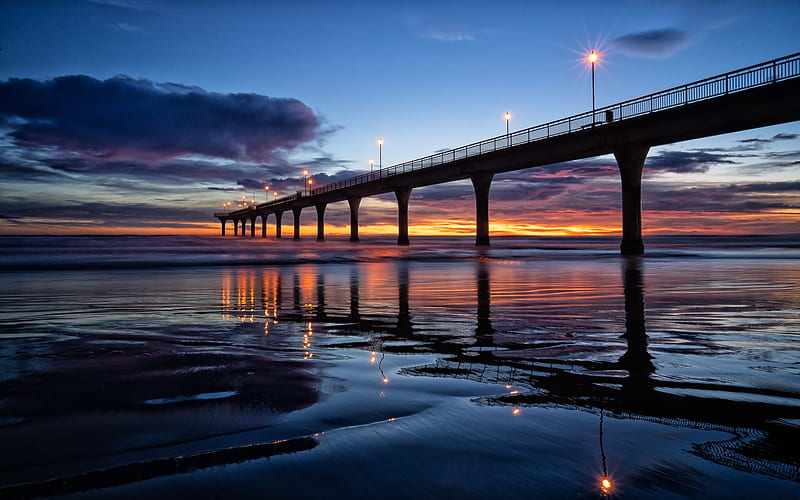 New Brighton Pier, New Zealand, beach, pier, ocean, dusk, New Zealand, evening, lights, HD wallpaper
