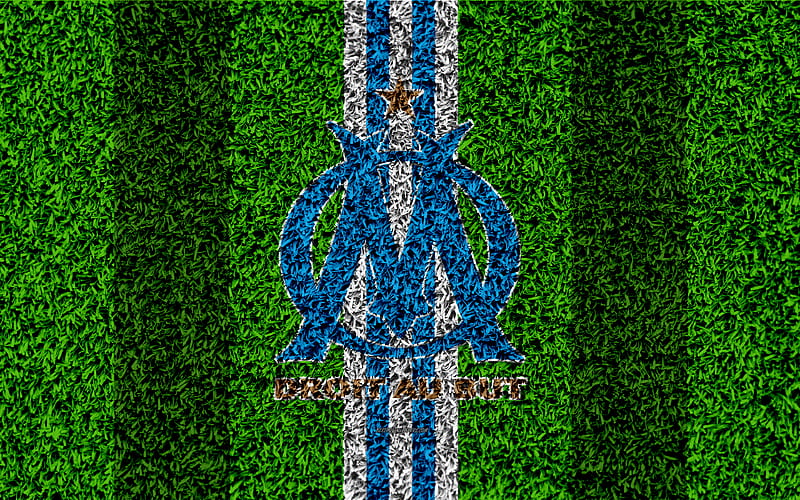 Olympique de Marseille football lawn, logo, French football club, grass texture, emblem, red black lines, Ligue 1, Marseille, France, football, Marseille FC, HD wallpaper