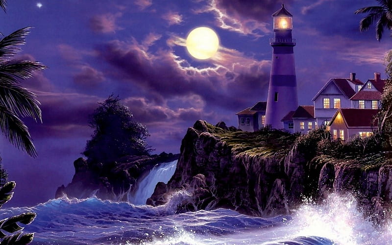 Lighthouse, art, moon, full, sea, moon, purple, painting, pictura, night, HD wallpaper