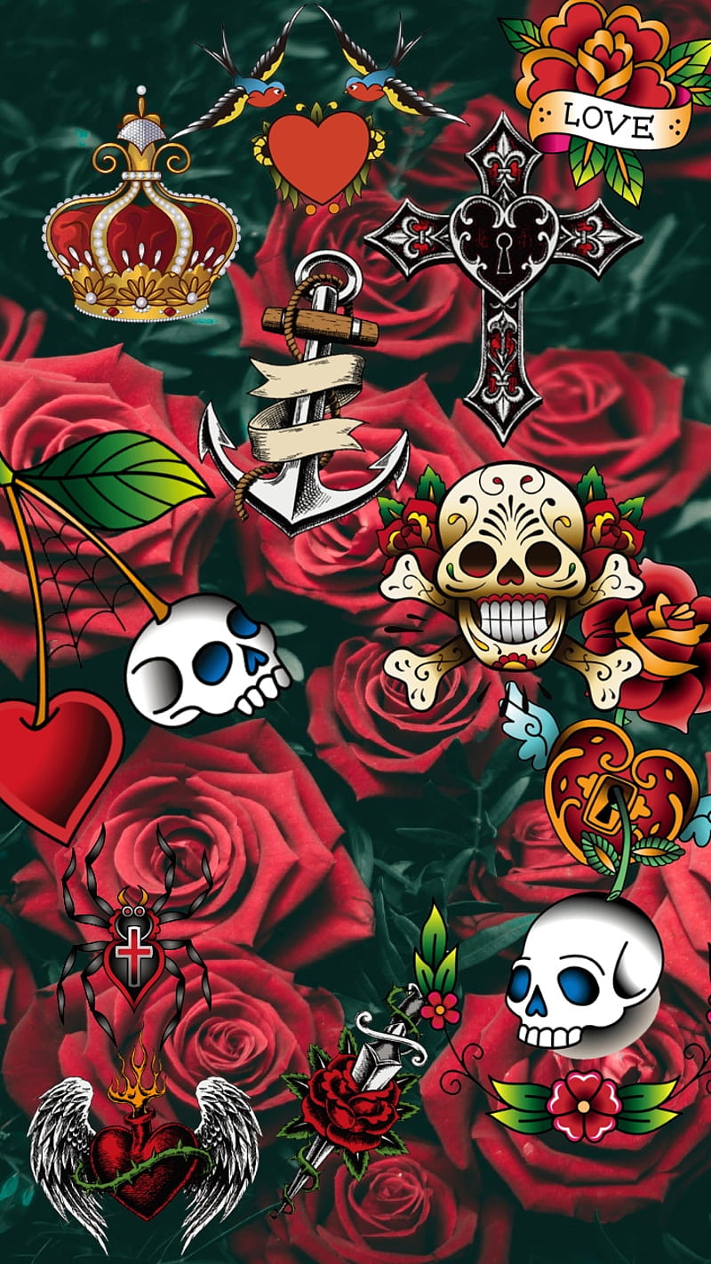Rose Garden, anchor, cherry, cross, crown, corazones, love, red, roses, skull, sugar, HD phone wallpaper