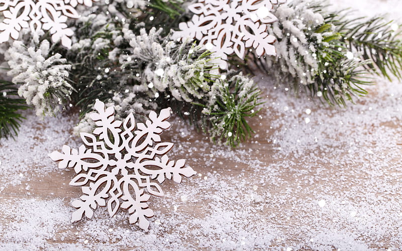 snowflake, wooden white snowflake, snow, tree, New Year, Christmas, winter background, HD wallpaper