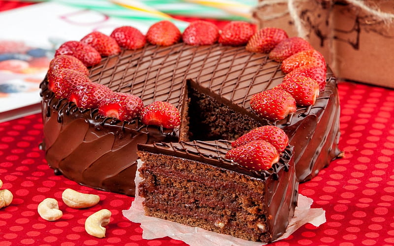 Cake, red, strawberry, food, chocolate, valentine, sweet, dessert, fruit, HD wallpaper