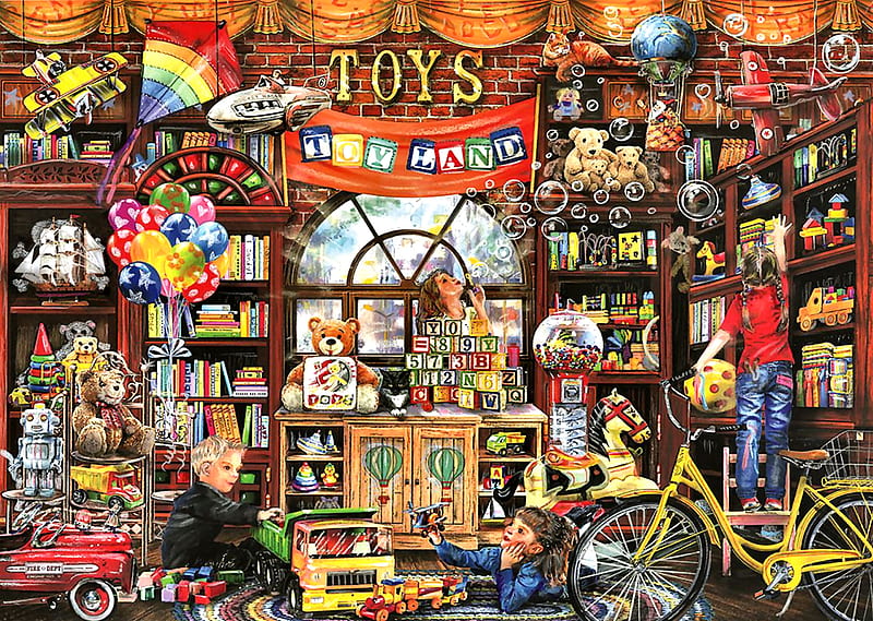 Toys in Toyland F1, architecture, art, cityscape, bicycle, bonito, artwork, stores, balloons, painting, shops, wide screen, bike, toyland, scenery, teddy bear, toys, HD wallpaper
