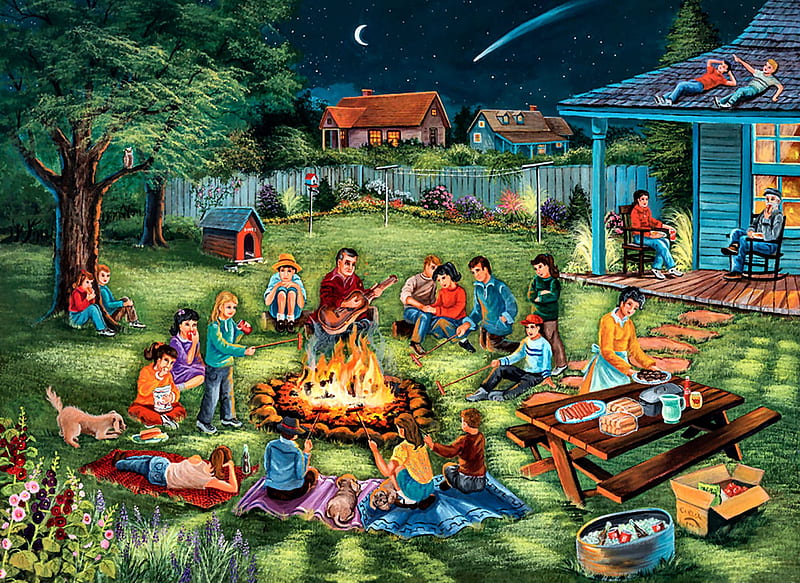 Summertime Memories F, art, vacation, camping, campfire, bonito, illustration, artwork, people, painting, wide screen, campgrounds, HD wallpaper