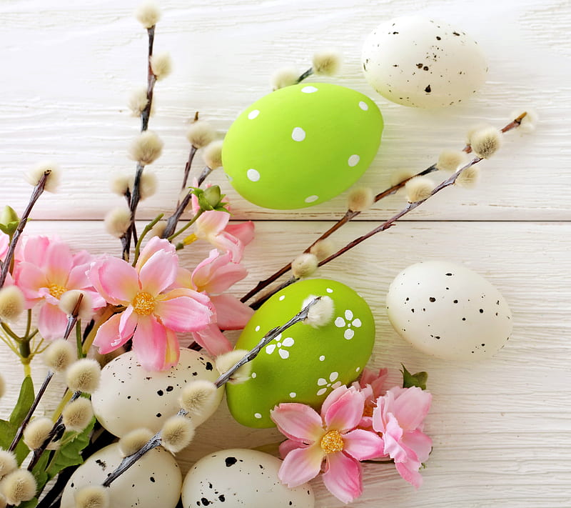 Easter, eggs, flowers, spring, willow, HD wallpaper