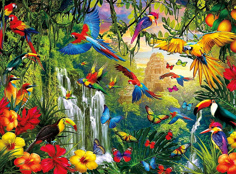 Tropical Leaves Exotic Bird Parrot Wallpaper Floral Red Blue Yellow Green  Jungle  DIY at BQ