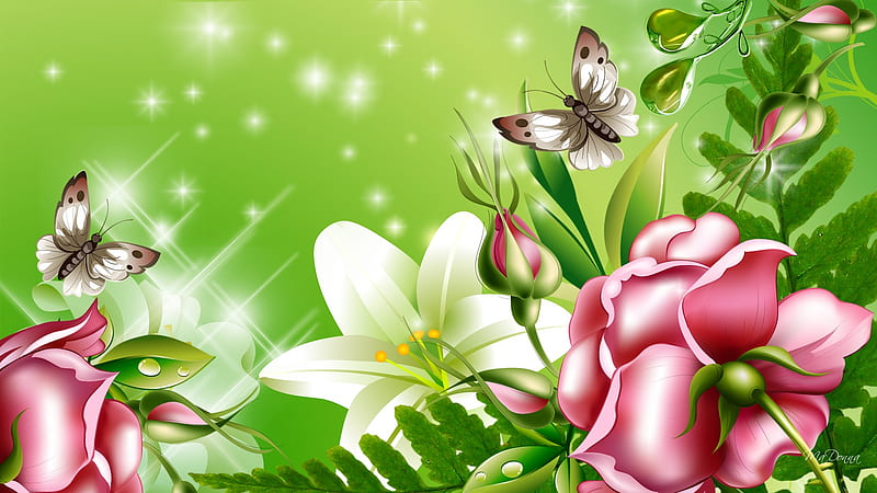 When Roses Bloom, stars, fern, rose, firefox persona, sparkle, leaves, butterfly, green, flowers, lily, HD wallpaper
