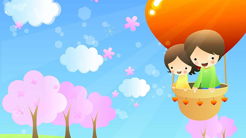 Girl And Boy Inside Flying Balloon Kids, HD wallpaper
