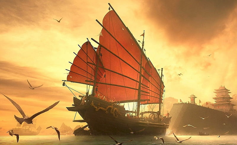 Red Sails in the Sunset, red, ocean, birds, sails, dragon, wall, boat, oriental, temple, HD wallpaper