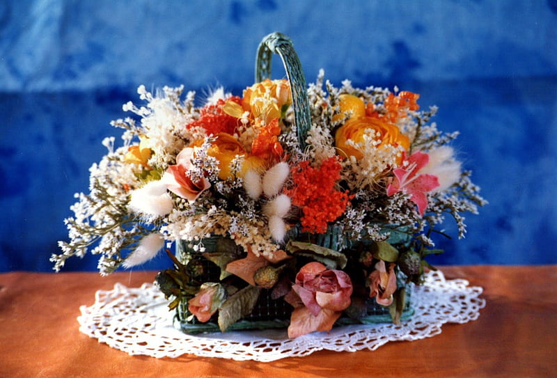 Basket of flowers, flowers, basket, napkin, wicker, HD wallpaper