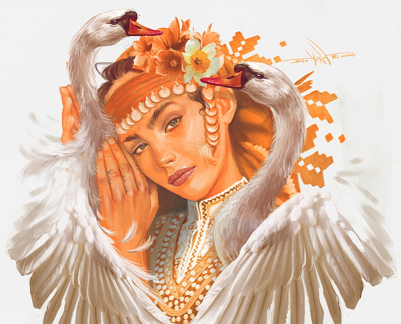 :-), swan, portrait, kaloyan stoyanov, art, wings, orange, luminos, lebada, fantasy, girl, bird, face, white, HD wallpaper