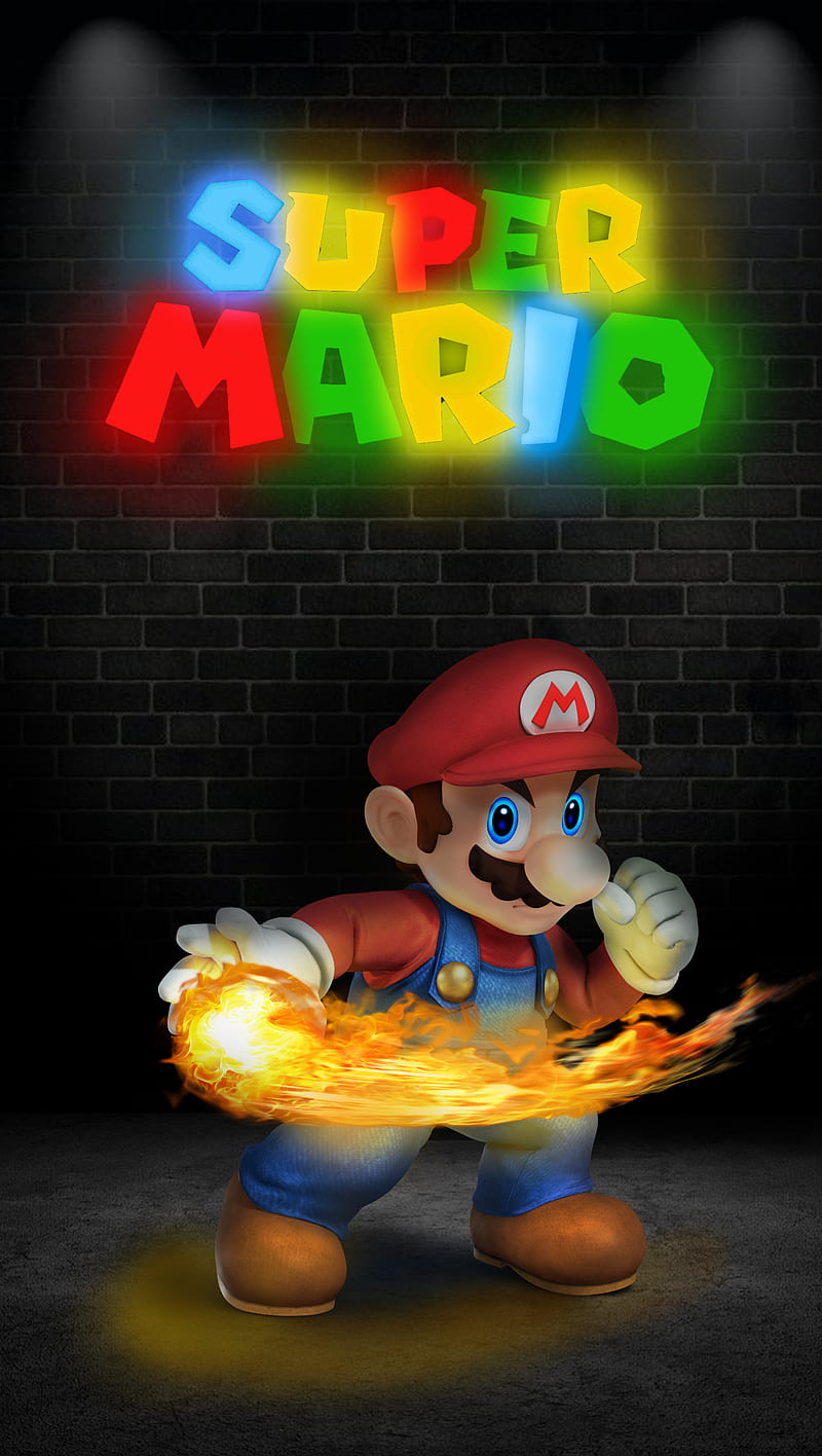 super Mario, cartoons, fire, glow effect, letter, mario and luigi, mario bros, neon colors, nintendo, red, HD phone wallpaper