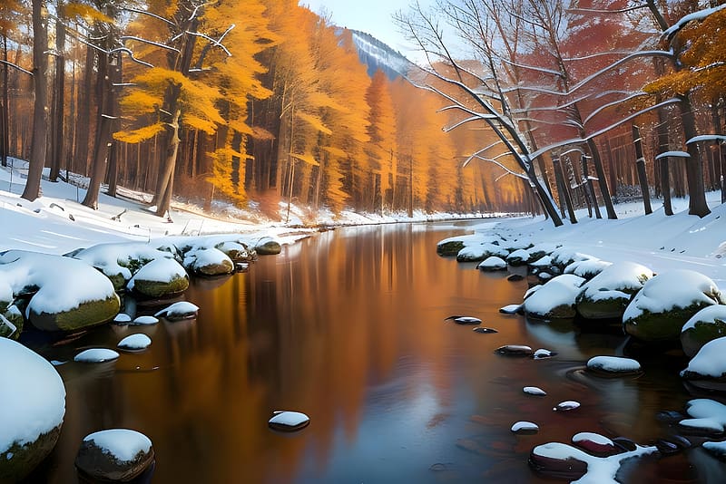 ᰔᩚ, Autumn, Snow, Trees, River, HD wallpaper
