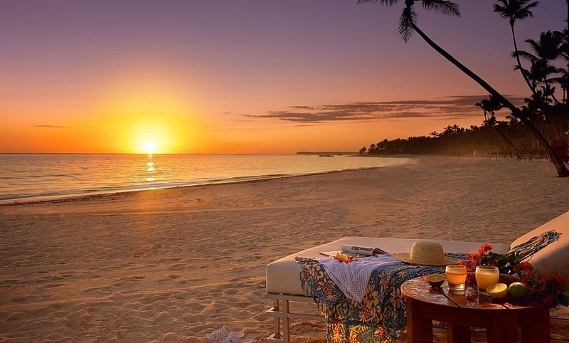 Paradise Vacation, sun, sand, sun hat, drinks, waves, chair, sea, palm trees, paradise, HD wallpaper