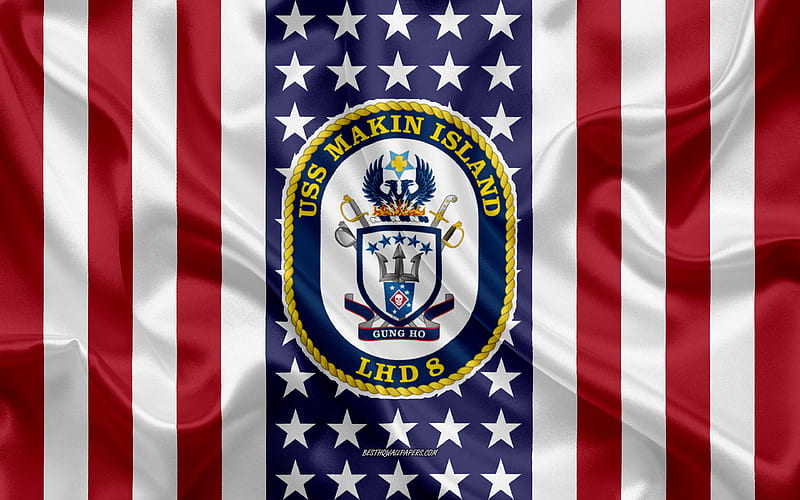 USS Makin Island Emblem, L-8, American Flag, US Navy, USA, USS Makin Island Badge, US warship, Emblem of the USS Makin Island, HD wallpaper