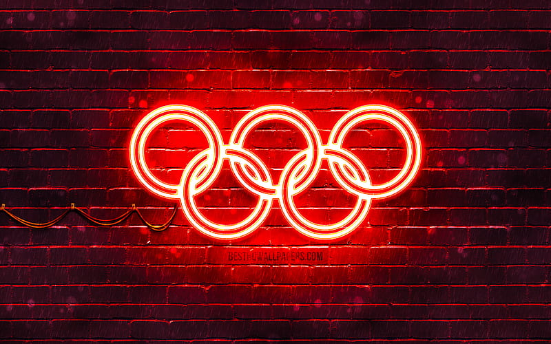 Red Olympic Rings red brickwall, Olympic rings sign, olympic symbols, Neon Olympic rings, Olympic rings, HD wallpaper