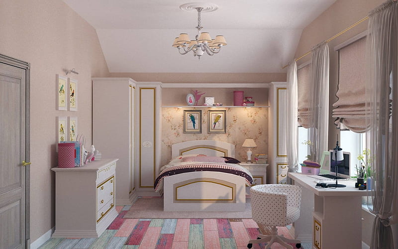 Girl's Room, interior, room, pink, bed, HD wallpaper