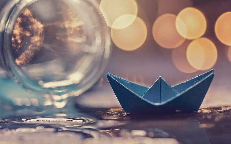paper blue boat, water, origami, boat, HD wallpaper