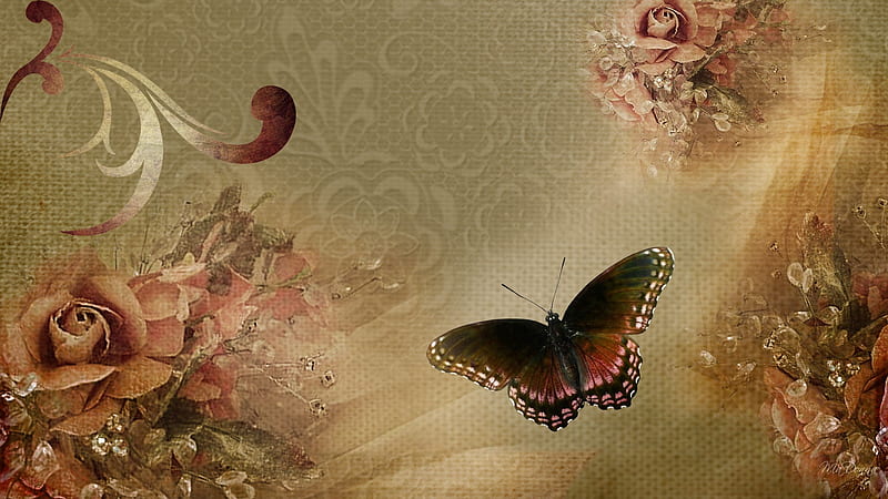 September Surrender, fall, autumn, browns, firefox persona, roses, tan, butterfly, swril, flowers, tans, HD wallpaper