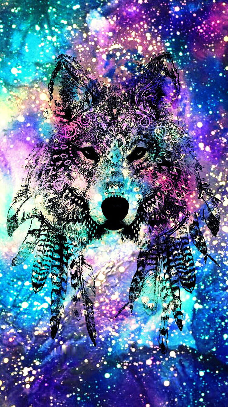 Tribal Wolf, space, colourful, colorful, rainbow, indian, HD phone wallpaper