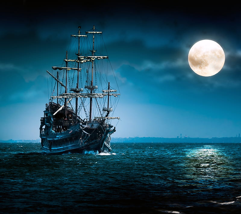 Pirates, boat, lunar, moon, ocean, pirate, sea, ship, HD wallpaper