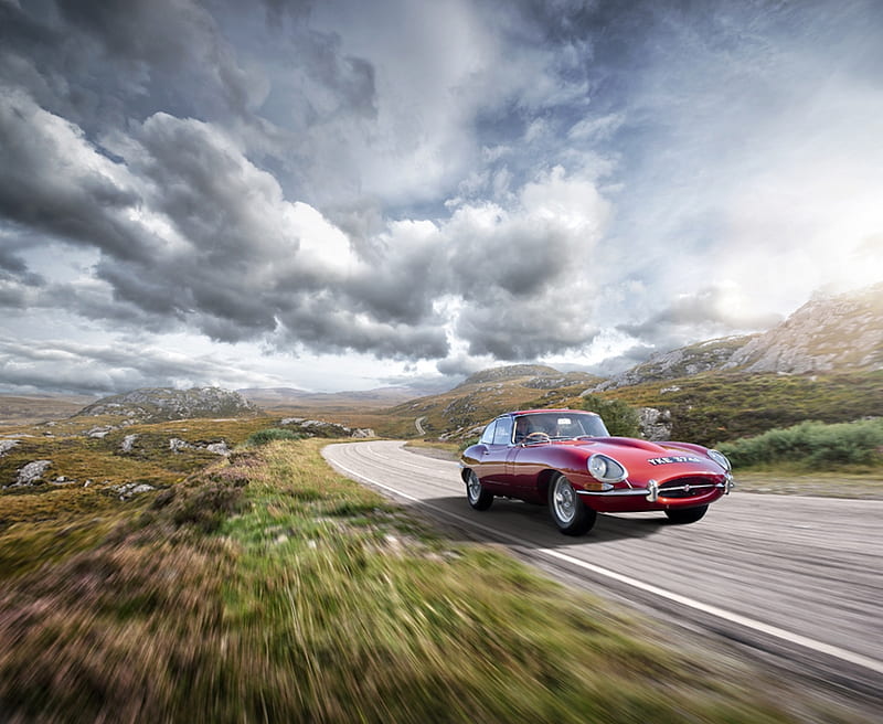 E Type Jaguar, red, e type, car, oldie, jaguar, clouds, HD wallpaper